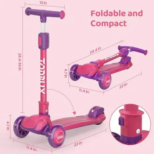 TONBUX Kids Scooter, Light Up 3 Wheel Kick Scooters for Kids 3-12, Folding Scooters with Adjustable Height - Toddler Scooter Lean-to-Steer & Widen Anti-Slip Deck - 7