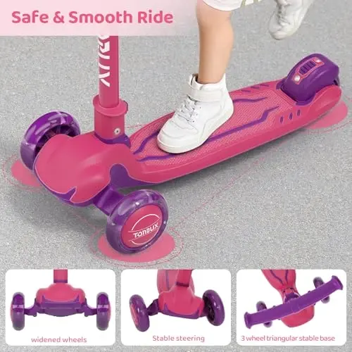 TONBUX Kids Scooter, 3-12 yoshdagi bolalar uchun yoritgichli 3 g'ildirakli Kick Scooter, Sozlanishi balandlikka ega buklama scooterlar - Yiqilishga qarshi kengaytirilgan sirpanishga qarshi platformali Toddler Scooter - 5