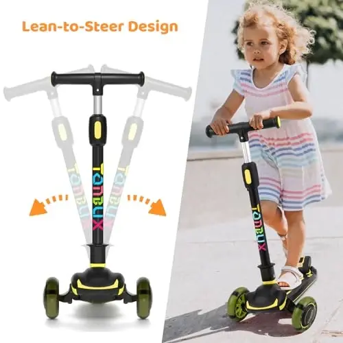 TONBUX Kids Scooter, 3-12 yoshli bolalar uchun yorituvchi 3 g'ildirakli skuterlar, sozlanishi balandlikka ega buklama skuterlar - Toddler Scooter Lean-to-Steer & Kengaytirilgan sirpanishga qarshi platforma - 4