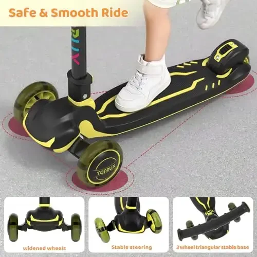 TONBUX Kids Scooter, Light Up 3 Wheel Kick Scooters for Kids 3-12, Folding Scooters with Adjustable Height - Toddler Scooter Lean-to-Steer & Widen Anti-Slip Deck - 6