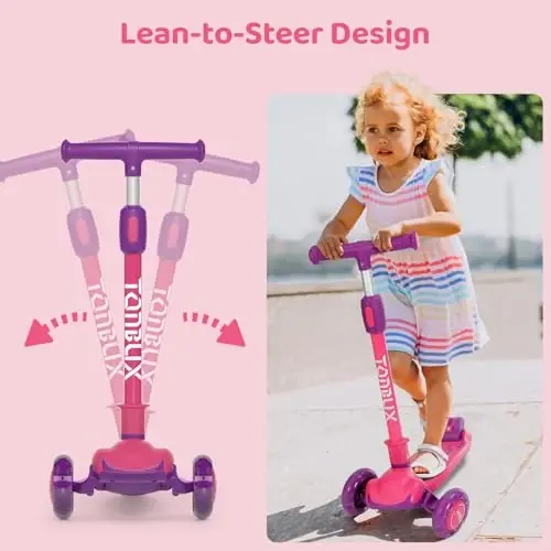 TONBUX Kids Scooter, Light Up 3 Wheel Kick Scooters for Kids 3-12, Folding Scooters with Adjustable Height - Toddler Scooter Lean-to-Steer & Widen Anti-Slip Deck - 4