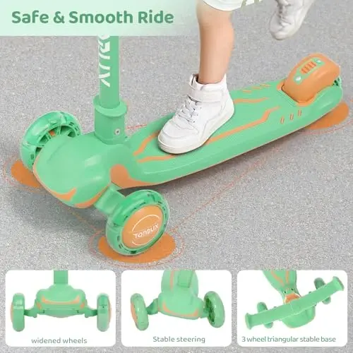 TONBUX Kids Scooter, Light Up 3 Wheel Kick Scooters for Kids 3-12, Folding Scooters with Adjustable Height - Toddler Scooter Lean-to-Steer & Widen Anti-Slip Deck - 6