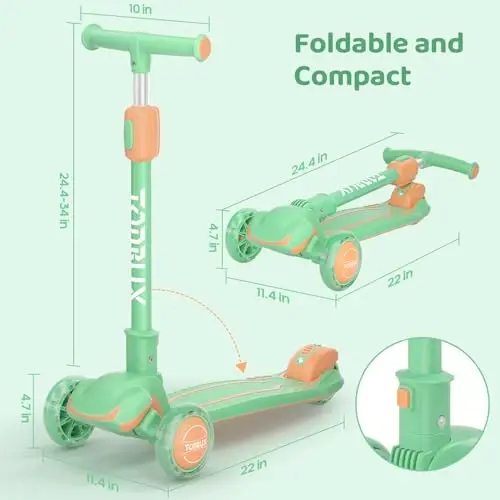 TONBUX Kids Scooter, Light Up 3 Wheel Kick Scooters for Kids 3-12, Folding Scooters with Adjustable Height - Toddler Scooter Lean-to-Steer & Widen Anti-Slip Deck - 5