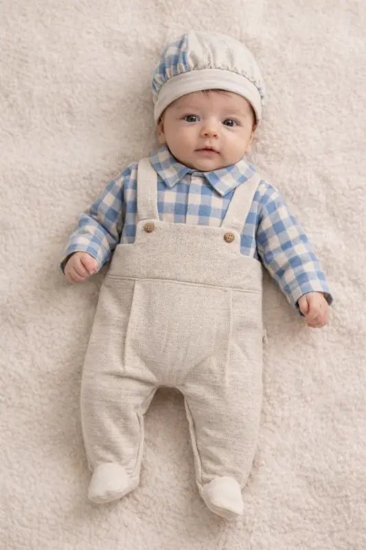 TONGS Erkek Bebek Mavi Renk Mevsimlik Bayramlık Plaid Tulum ( %80 PAMUK %20 KETEN)-Mavi - LIMEBABIES