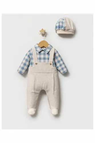 TONGS Erkek Bebek Mavi Renk Mevsimlik Bayramlık Plaid Tulum ( %80 PAMUK %20 KETEN)-Mavi - LIMEBABIES (1)