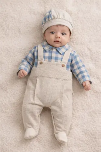 TONGS Erkek Bebek Mavi Renk Mevsimlik Bayramlık Plaid Tulum ( %80 PAMUK %20 KETEN)-Mavi - 1