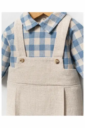 TONGS Erkek Bebek Mavi Renk Mevsimlik Bayramlık Plaid Tulum ( %80 PAMUK %20 KETEN)-Mavi - 3