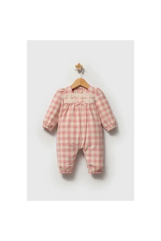 TONGS KIZ 3-6-9 AY DANTELİ KARELİ %100 Pamuk SENSITIVE Tulum Seti-kareli - 2