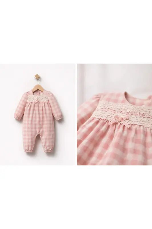 TONGS KIZ 3-6-9 AY DANTELİ KARELİ %100 Pamuk SENSITIVE Tulum Seti-kareli - 3