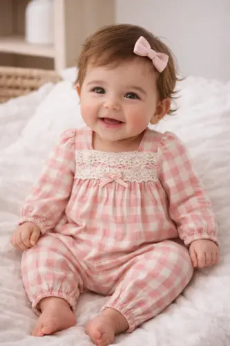 TONGS KIZ 3-6-9 AY DANTELİ KARELİ %100 Pamuk SENSITIVE Tulum Seti-kareli 