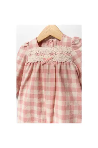 TONGS KIZ 3-6-9 AY DANTELİ KARELİ %100 Pamuk SENSITIVE Tulum Seti-kareli - 4