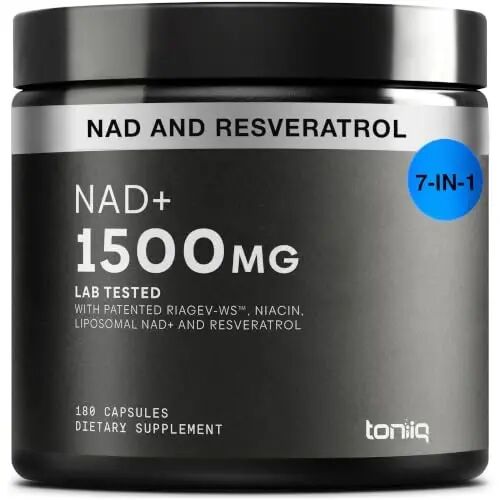 Toniiq Liposomal NAD+ and Resveratrol Supplement - 1500mg | Ultra High Strength NAD Supplement—Clinically Studied Ingredients with Patented RiaGev-WS™, Resveratrol & Niacin—180 Capsules - Toniiq