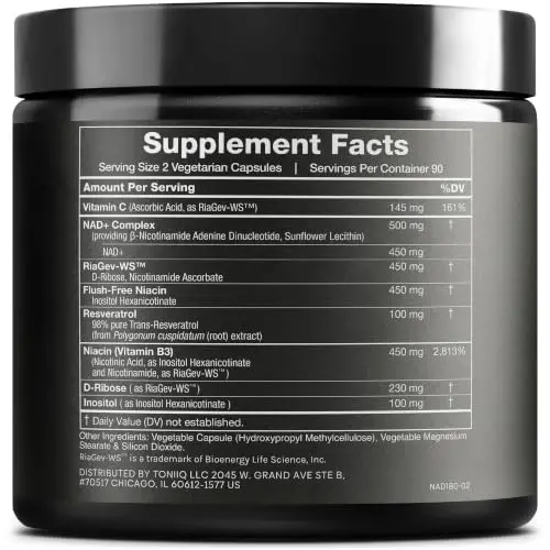 Toniiq Liposomal NAD+ and Resveratrol Supplement - 1500mg | Ultra High Strength NAD Supplement—Clinically Studied Ingredients with Patented RiaGev-WS™, Resveratrol & Niacin—180 Capsules - 6