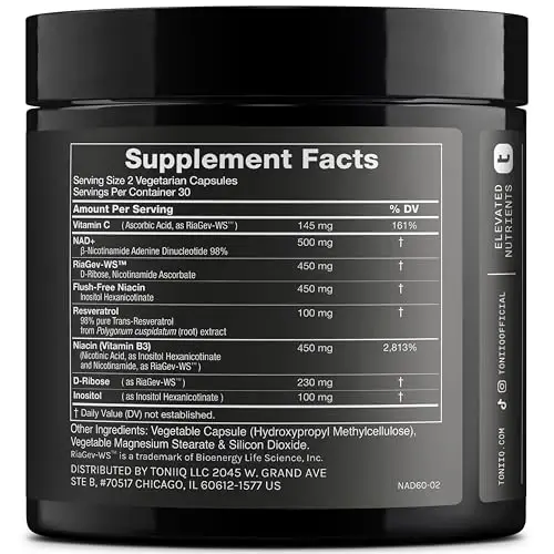 Toniiq NAD+ qo'shimchasi 1500mg - Patentlangan RiaGev-WS™, Resveratrol va Niasin bilan klinik jihatdan o'rganilgan ingredientlarga ega ultra yuqori kuchga ega NAD qo'shimchasi - 60 kapsula - 5