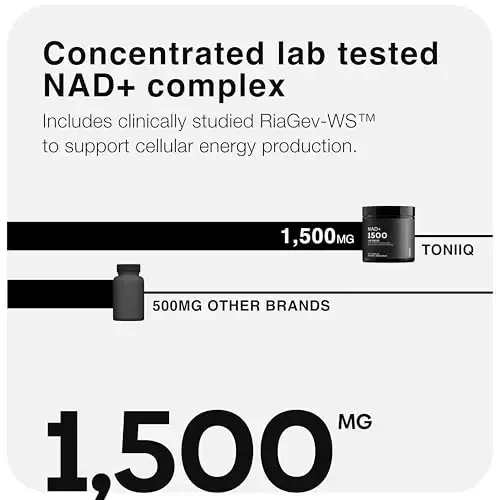 Toniiq NAD+ qo'shimchasi 1500mg - Patentlangan RiaGev-WS™, Resveratrol va Niasin bilan klinik jihatdan o'rganilgan ingredientlarga ega ultra yuqori kuchga ega NAD qo'shimchasi - 60 kapsula - 4