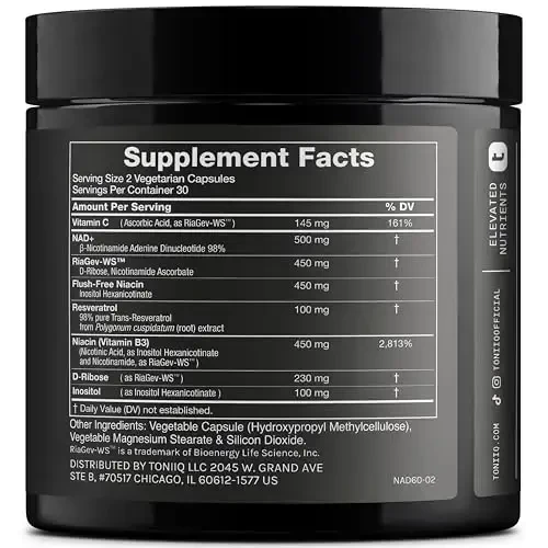 Toniiq NAD+ qo'shimchasi 1500mg - Patentlangan RiaGev-WS™, Resveratrol va Niasin bilan klinik jihatdan o'rganilgan ingredientlarga ega ultra yuqori kuchga ega NAD qo'shimchasi - 60 kapsula - 5