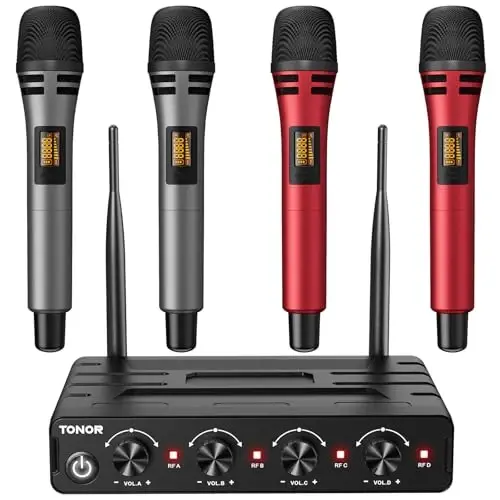 TONOR Wireless Microphones System with 4x10 Channels Cordless Handheld Microfono Inalambrico, UHF Mics with Stable Signal Transmission for Karaoke Singing Party Church Wedding 60 m/200ft Red - 1