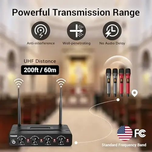 TONOR Wireless Microphones System with 4x10 Channels Cordless Handheld Microfono Inalambrico, UHF Mics with Stable Signal Transmission for Karaoke Singing Party Church Wedding 60 m/200ft Red - 3