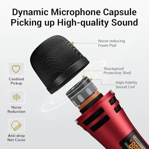 TONOR Wireless Microphones System with 4x10 Channels Cordless Handheld Microfono Inalambrico, UHF Mics with Stable Signal Transmission for Karaoke Singing Party Church Wedding 60 m/200ft Red - 4