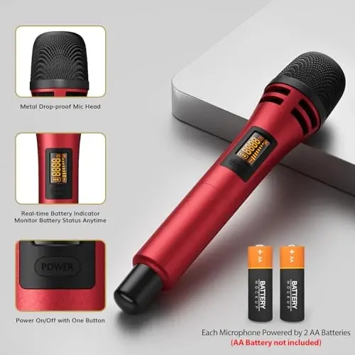 TONOR Wireless Microphones System with 4x10 Channels Cordless Handheld Microfono Inalambrico, UHF Mics with Stable Signal Transmission for Karaoke Singing Party Church Wedding 60 m/200ft Red - 5