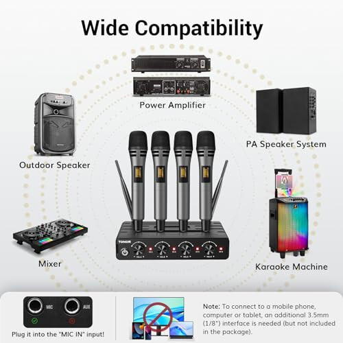 TONOR 4x10 Kanalli Simsiz Mikrofon Sistemasi, 200FT UHF oralig'i, Karokeda qo'shiq aytish, partiya, cherkov to'yi, PA dinamik uchun barqaror signal uzatish xususiyatiga ega Mikrofonlar - 6