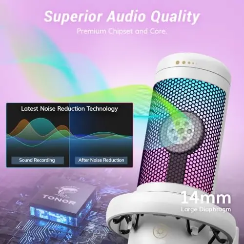 TONOR Gaming Microphone Arm Set, RGB Condenser Mic with Boom Arm, Quick Mute, Adjustable RGB Brightness, Pop Filter, Shock Mount, Gain Control for Streaming, Discord Twitch YouTube,TC310+ White - TONOR (1)