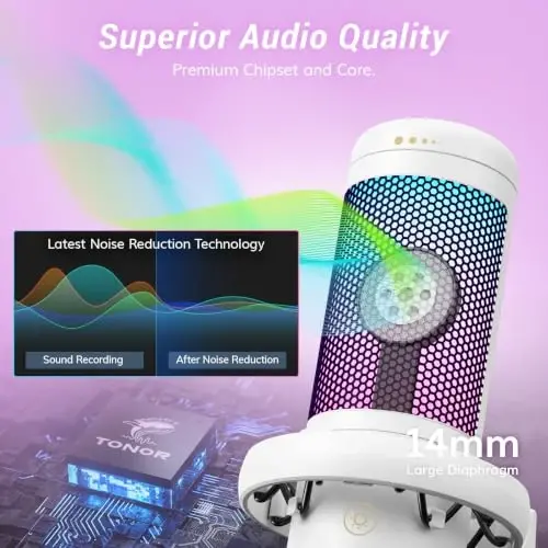 TONOR Gaming Microphone, RGB PC Microphone, Cardioid Condenser USB Mic with Adjustable Light Modes & Brightness, Quick Mute, Gain Control, for LiveStreaming, Recording, PS4/5, Mac, TC310 White - 2