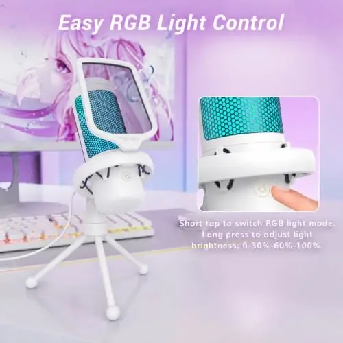 TONOR Gaming Microphone, RGB PC Microphone, Cardioid Condenser USB Mic with Adjustable Light Modes & Brightness, Quick Mute, Gain Control, for LiveStreaming, Recording, PS4/5, Mac, TC310 White - 4