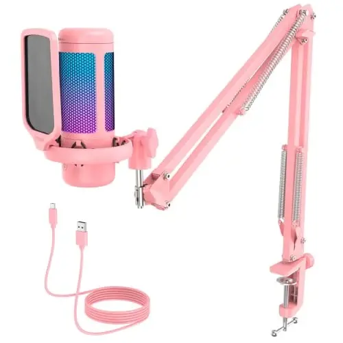 TONOR Gaming Microphone Set, Vocal Condenser Mic fop PC Gamers with RGB | Boom Arm Set, USB Mic with Controllable Light, One Tap Mute, Volume Control, for Discord, Twitch Streaming, Pink, TC310+ - 1