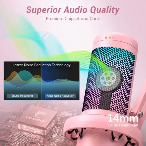 TONOR Gaming Microphone Set, Vocal Condenser Mic fop PC Gamers with RGB | Boom Arm Set, USB Mic with Controllable Light, One Tap Mute, Volume Control, for Discord, Twitch Streaming, Pink, TC310+ - 2