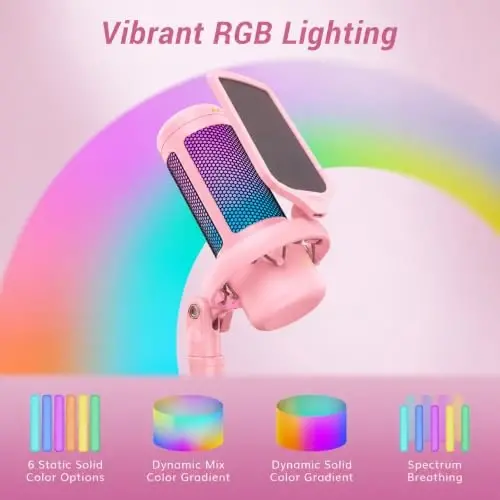TONOR Gaming Microphone Set, Vocal Condenser Mic fop PC Gamers with RGB | Boom Arm Set, USB Mic with Controllable Light, One Tap Mute, Volume Control, for Discord, Twitch Streaming, Pink, TC310+ - 3