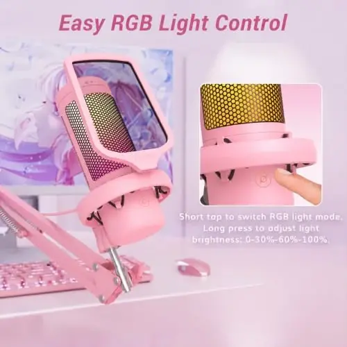 TONOR Gaming Microphone Set, Vocal Condenser Mic fop PC Gamers with RGB | Boom Arm Set, USB Mic with Controllable Light, One Tap Mute, Volume Control, for Discord, Twitch Streaming, Pink, TC310+ - 4