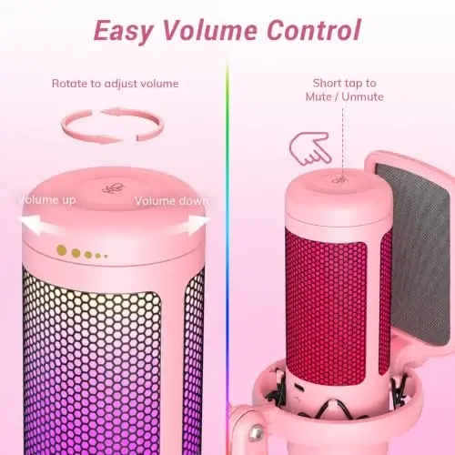 TONOR Gaming Microphone Set, Vocal Condenser Mic fop PC Gamers with RGB | Boom Arm Set, USB Mic with Controllable Light, One Tap Mute, Volume Control, for Discord, Twitch Streaming, Pink, TC310+ - 5