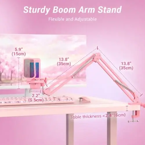 TONOR Gaming Microphone Set, Vocal Condenser Mic fop PC Gamers with RGB | Boom Arm Set, USB Mic with Controllable Light, One Tap Mute, Volume Control, for Discord, Twitch Streaming, Pink, TC310+ - 6