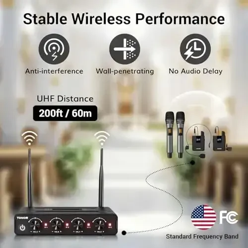 TONOR Wireless Microphone System, 4 * 10-Channel UHF Cordless Handheld Mic Set with Headset/Lavalier Lapel Mics, Bodypack Transmitter, Receiver, 200ft Range for Karaoke Singing Church DJ PA Speaker - 3