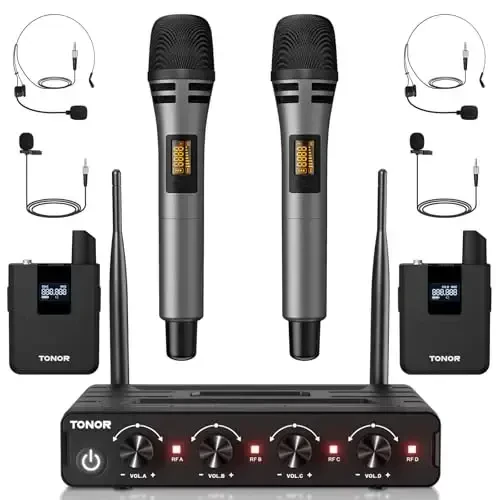 TONOR Wireless Microphone System, 4 * 10-Channel UHF Cordless Handheld Mic Set with Headset/Lavalier Lapel Mics, Bodypack Transmitter, Receiver, 200ft Range for Karaoke Singing Church DJ PA Speaker - 1