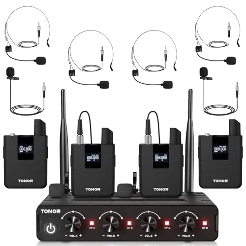 TONOR Wireless Microphones System with UHF Headset/Lavalier Lapel Mics, Bodypack Transmitter, Receiver, 4 * 10 Channels, 200ft Range for Church Conference Performance Singing Karaoke PA Speaker Mixer - 1