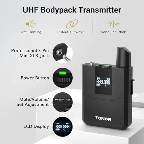 TONOR Wireless Microphones System with UHF Headset/Lavalier Lapel Mics, Bodypack Transmitter, Receiver, 4 * 10 Channels, 200ft Range for Church Conference Performance Singing Karaoke PA Speaker Mixer - 5