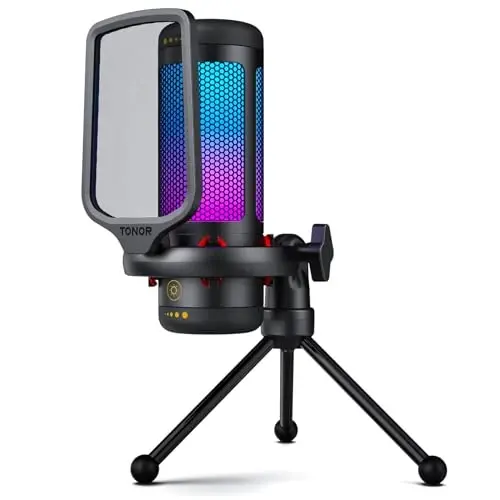 TONOR Gaming Microphone Set, USB Condenser Mic for PC with Stand, Controllable RGB, Quick Mute, Volume Control, for Twitch Streaming, Discord Chatting, 200 cm. /78inch Cable, Desktop Stand TC310 
