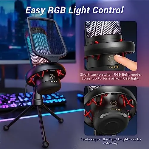 TONOR Gaming Microphone Set, USB Condenser Mic for PC with Stand, Controllable RGB, Quick Mute, Volume Control, for Twitch Streaming, Discord Chatting, 200 cm. /78inch Cable, Desktop Stand TC310 - 5