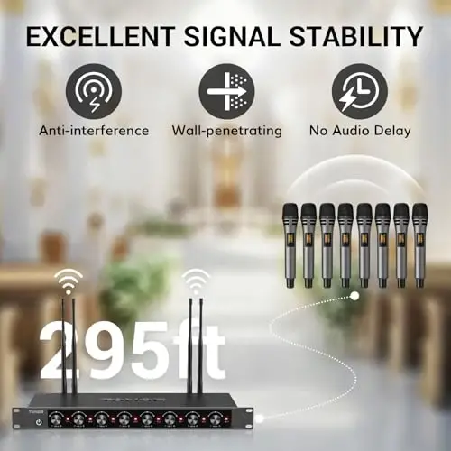 TONOR simsiz mikrofonlar tizimi 8x12 kanalli simsiz qo'lda mikrofon Inalambrico, 295FT UHF diapazoni, barqaror signalli mikrofonlar, Karaoke qo'shiq partiyasi cherkovi to'yi PA karnay uchun tezkor ovozsiz rejim - 2