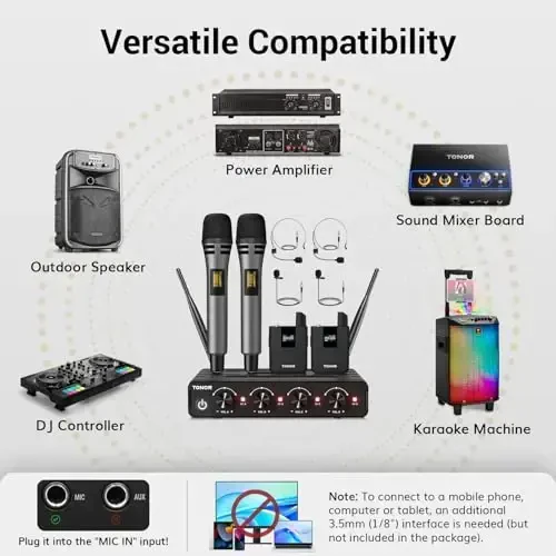 TONOR Wireless Microphone System, 4 * 10-Channel UHF Cordless Handheld Mic Set with Headset/Lavalier Lapel Mics, Bodypack Transmitter, Receiver, 200ft Range for Karaoke Singing Church DJ PA Speaker - 4