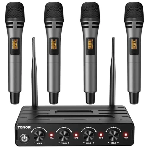 TONOR Wireless Microphones System with 4x10 Channels Cordless Handheld Microfono Inalambrico, 200FT UHF Range, Mics with Stable Signal Transmission for Karaoke Singing Party Church Wedding PA Speaker - TONOR
