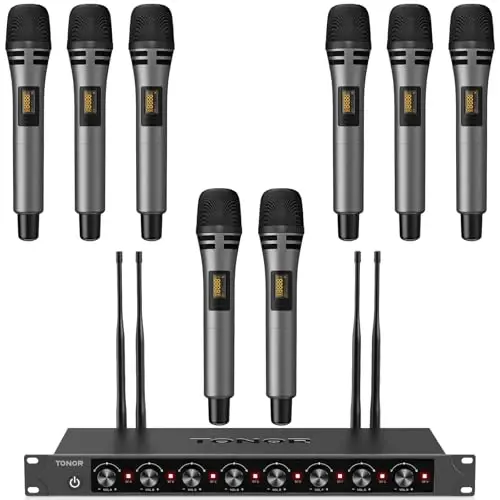TONOR Wireless Microphones System with 8x12 Channels Cordless Handheld Microfono Inalambrico, 295FT UHF Range, Mics with Stable Signal, Quick Mute for Karaoke Singing Party Church Wedding PA Speaker 