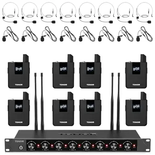 TONOR Wireless Microphones System with 8x12 Channels Headset/Lavalier Lapel Mics, Bodypack Transmitter, Receiver, 295ft UHF Range for Church Conference Performance Singing Karaoke PA Speaker Mixer - 1