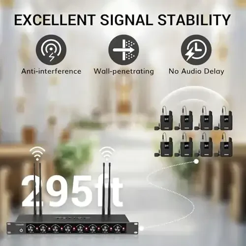 TONOR Wireless Microphones System with 8x12 Channels Headset/Lavalier Lapel Mics, Bodypack Transmitter, Receiver, 295ft UHF Range for Church Conference Performance Singing Karaoke PA Speaker Mixer - 2