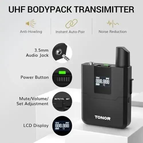 TONOR Wireless Microphones System with 8x12 Channels Headset/Lavalier Lapel Mics, Bodypack Transmitter, Receiver, 295ft UHF Range for Church Conference Performance Singing Karaoke PA Speaker Mixer - 3