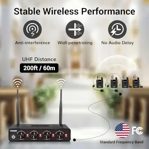 TONOR Wireless Microphones System with UHF Headset/Lavalier Lapel Mics, Bodypack Transmitter, Receiver, 4 * 10 Channels, 200ft Range for Church Conference Performance Singing Karaoke PA Speaker Mixer - 4