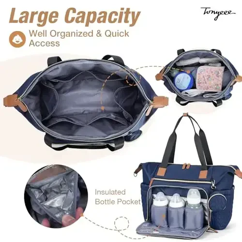 Tonyeee Diaper Bag Tote, Large Baby Diaper Bags Waterproof, Hospital Bag for Labor Delivery with Pacifier Case, Changing Pad, Shoulder Strap, Dark Blue - 3