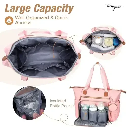 Tonyeee Diaper Bag Tote, Large Diaper Bags Waterproof, Hospital Bag for Labor Delivery, Baby Bag with Pacifier Case, Travel Diaper Tote with Changing Pad, Pink - 2